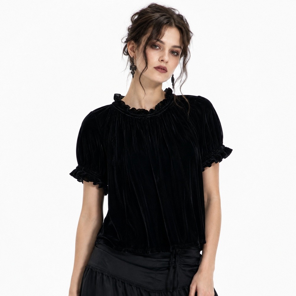 Gap Velvet Ruffle Neck Solid Blouse Black Holiday Short Sleeve Top Size M